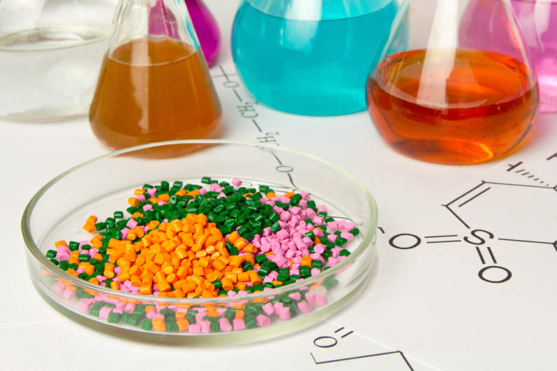 Plastic granules in a laboratory